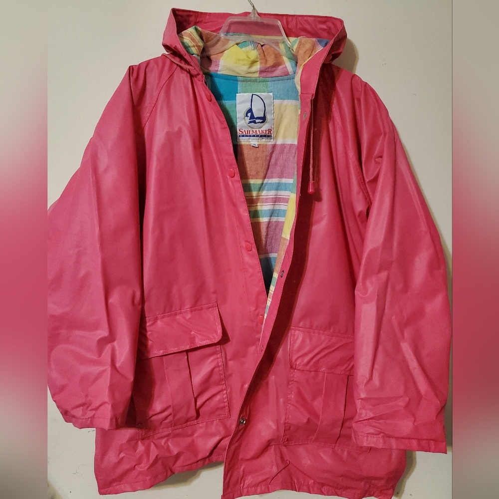 Retro Bubble Gum Pink Rain Jacket W/ Hood Plaid Lining SailMaker Outerwear